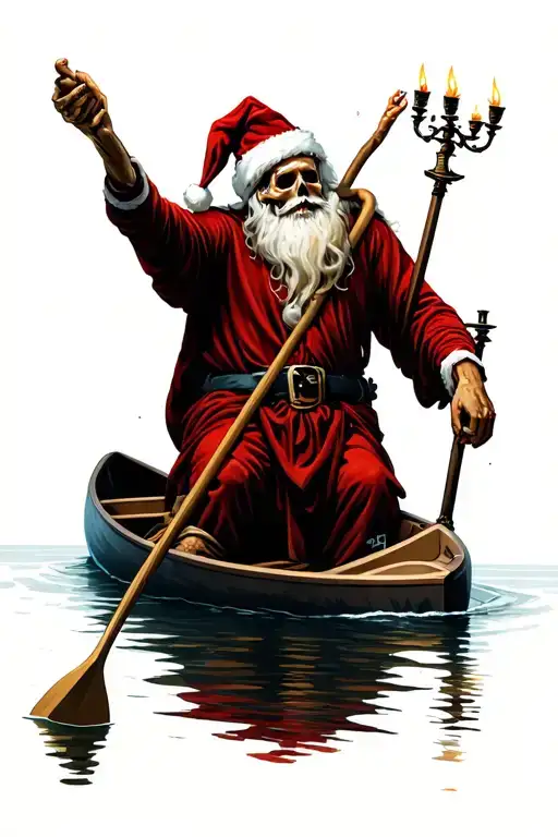 Santa Death In A Lake Paddling With A Road Marked With Candelabra