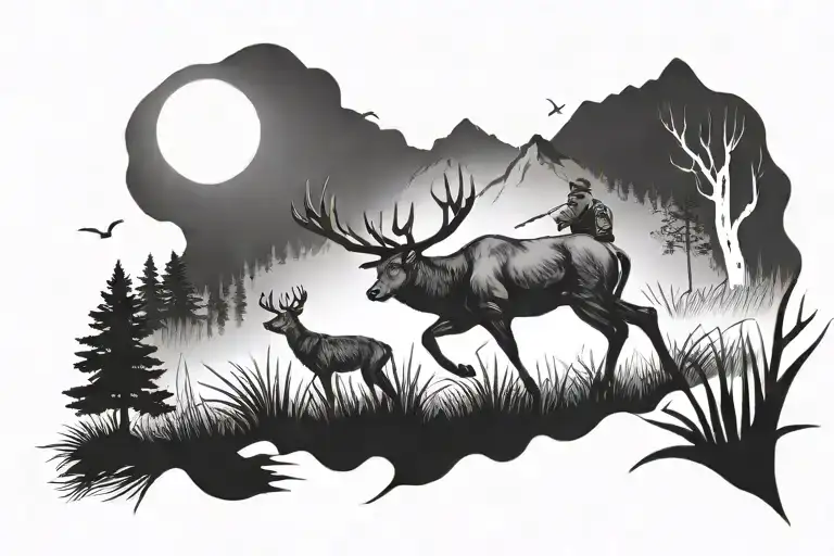 Hunting Scene Simple Line Drawing