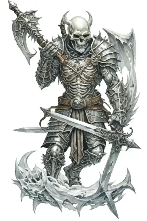 Skull In Ice Armor Holding A Sword In Front Of A Dragon