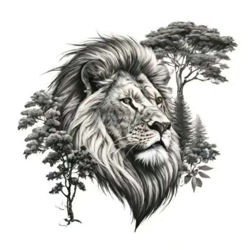 Lion Head And A Forest