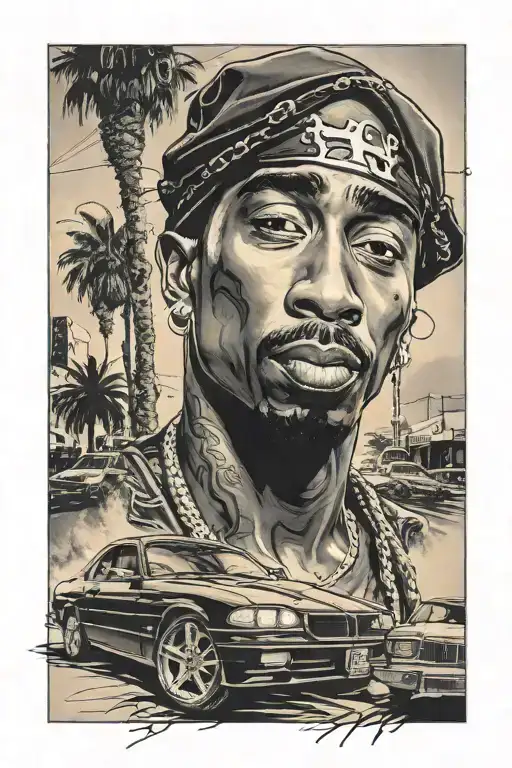 Face Of 2Pac In Hollywood With Old Nice Cars In The Back Streetlights And Some Oldschool