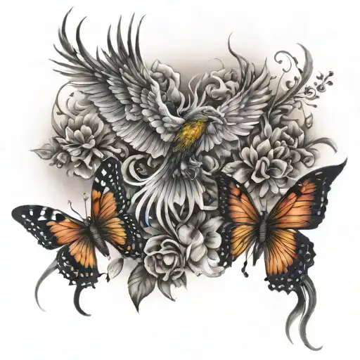 Phoenix Rising Into Flowers And Butterflies Fluttering