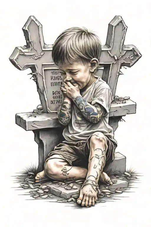 Child Crying In Front Of A Grave