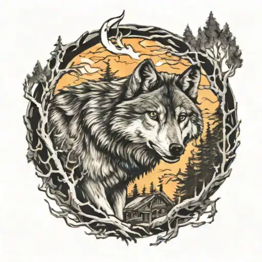 Wolf In Front Of Burning Woods Alone