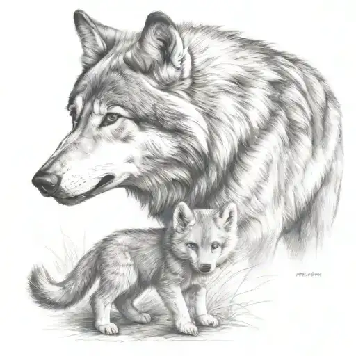 Wolf Protecting Cub Playing