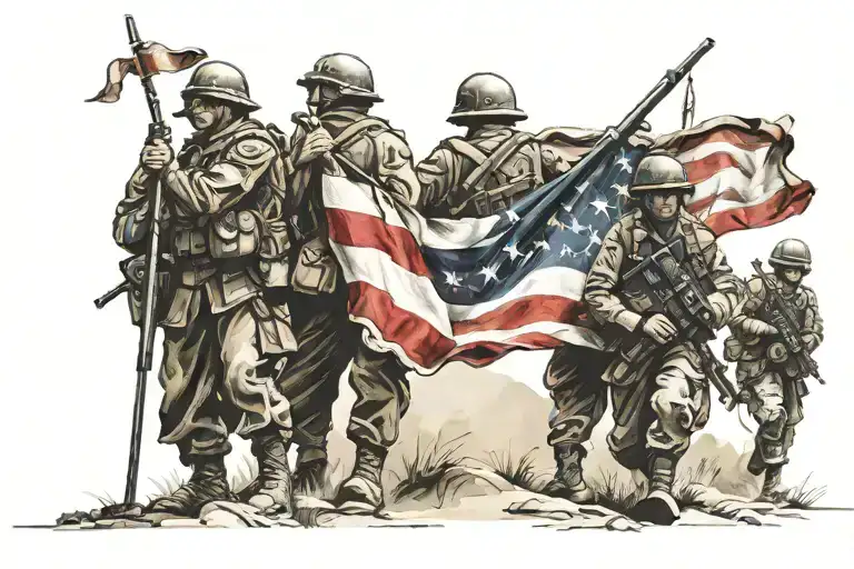 Multi Soldiers Holding A Flag On A Hill