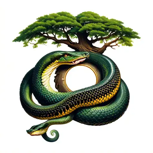 Snake Wrapping Around Tree Of Life Intertwined
