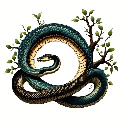 Snake Wrapping Around Tree Of Life Intertwined