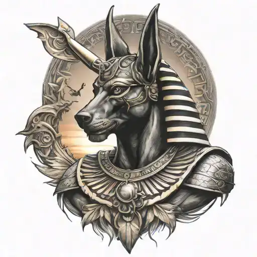 Egyptian God Anubis Warrior With Sunrise Background