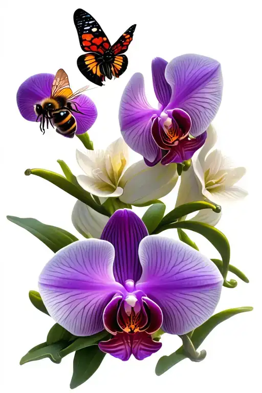 Butterfly And Bee Flying To Orchids