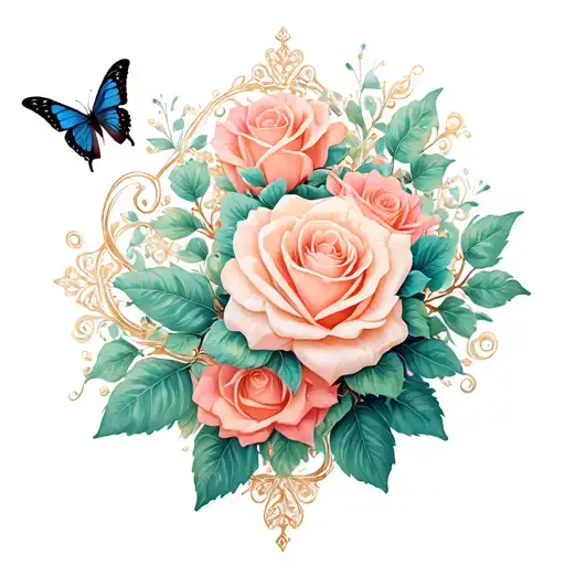 Filigree With Roses Leaves Butterflies Tattoo Featuring