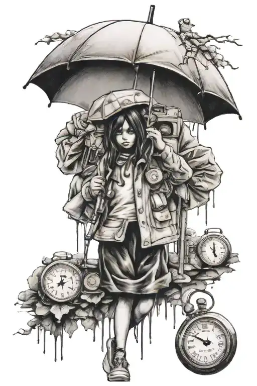 Banksy Girl With Umbrella And Melting Clock