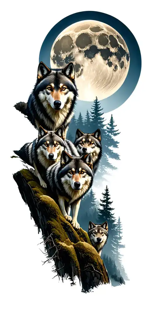 Wolf Pack On A Hill Under The Moon In Forest Scene