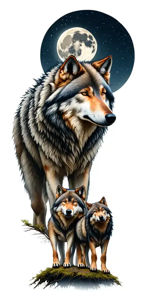 Wolf Father Mother And Two Kids On A Hill Under The Moon In Forest