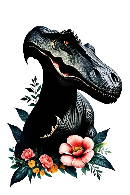 Line Tatto With Flowersa And Dinosaurs