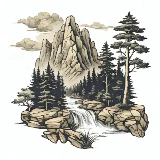 Tall Mountain With Trees And A River