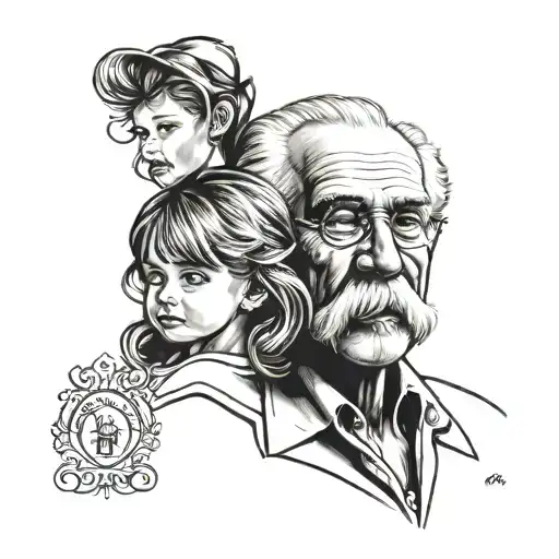 Tattoo Silhouette Of Grandfather With Mustache And Granddaughter