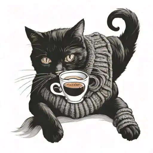 A Cat In A Sweater With A Cup Of Coffee
