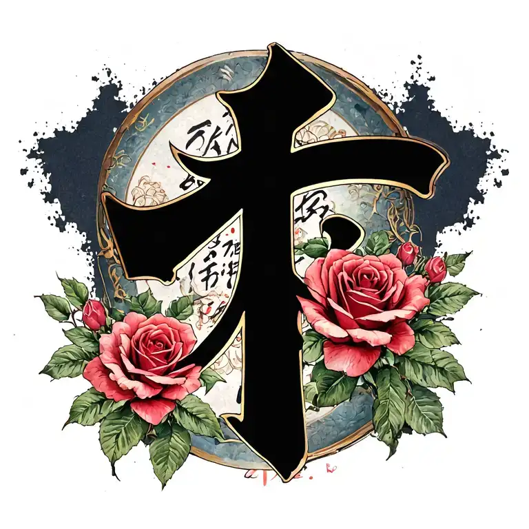 Cross And Roses And Japanese Letters
