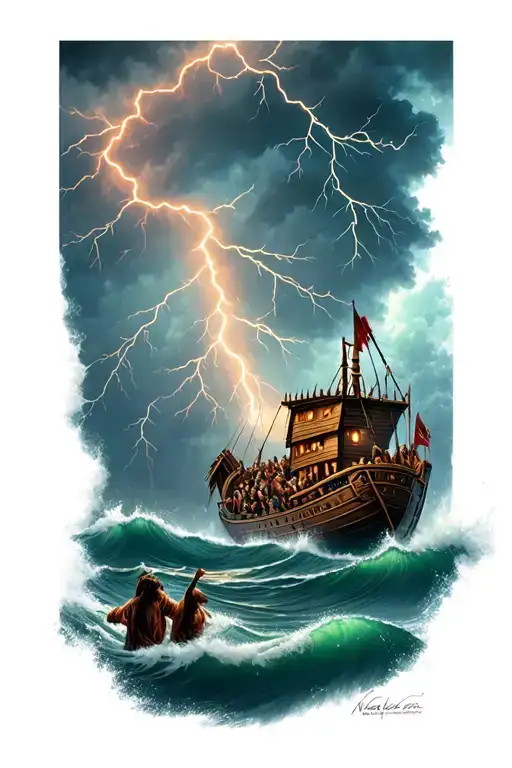 Noah's Ark With Lightning In The Sky And People Drowning In The Ocean During A Storm