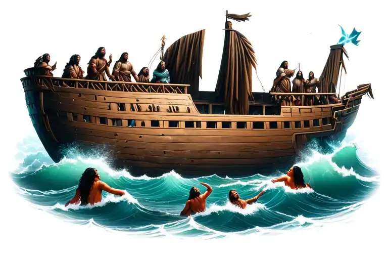 Noah's Ark With Lightning In The Sky And People Drowning In The Ocean During A Storm