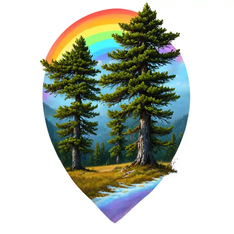 Pine Trees With Rainbow Above