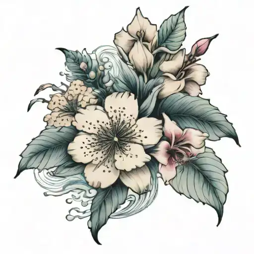 Japanese Flowers With Ocean