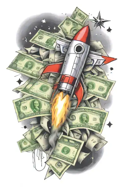 Rocket Flying With Money Signs And Music Notes