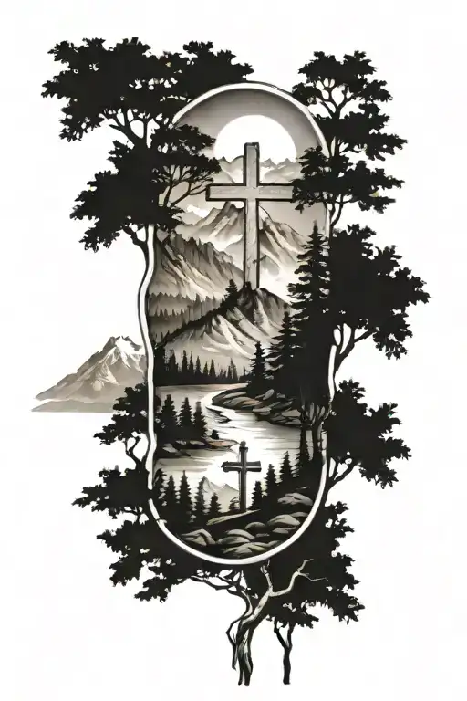 Band With Trees And Mountain Landscape With A Cross