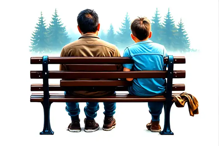 Dad And Son Sittin On A Bench Shown From Behind