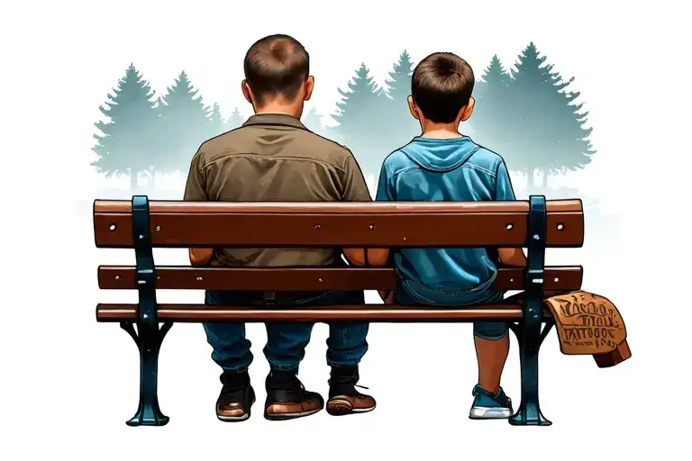 Dad And Son Sittin On A Bench Shown From Behind