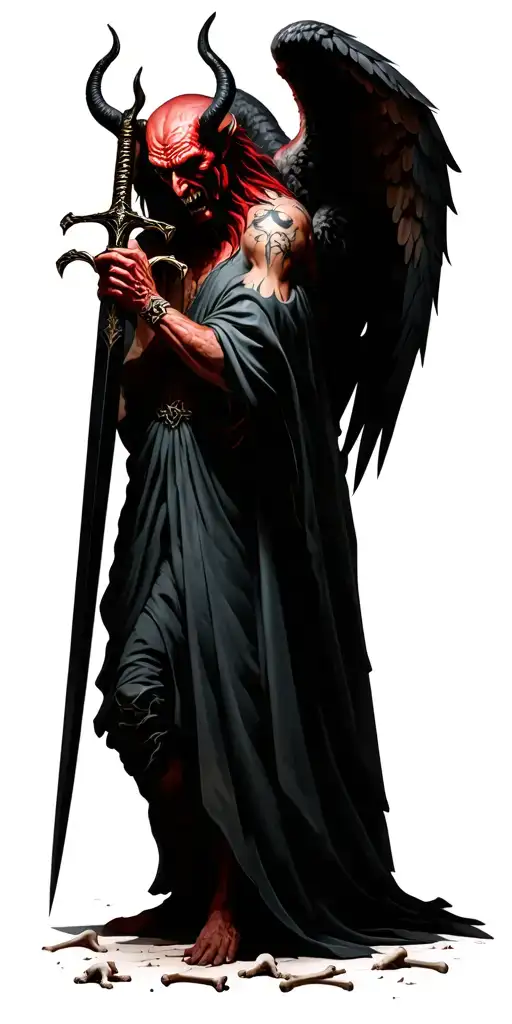 Devil Vs Angel Holding A Sword Surrounded By Bones And The Ground