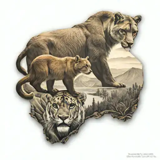 Collage A Brown Bear And A Mountain Lion Inside The Shape Of California