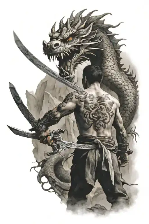Man With Sword Back Turned Standing In Front Of Chinese Dragon In A Cave