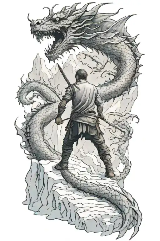 Man With Sword Back Turned Standing In Front Of Chinese Dragon In A Ice Cave