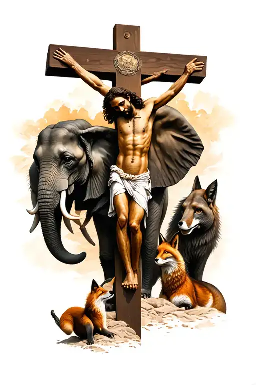 Jesus Crucifixion Scene With Fox And Elephant Surrounded