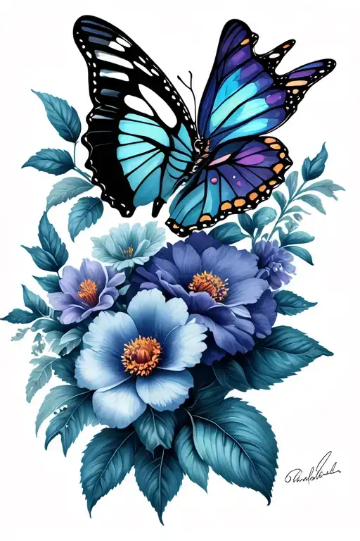 Floral Design With A Butterfly And Signature