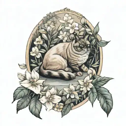 Fat Siamese Cat In A Garden Scene With Flowers