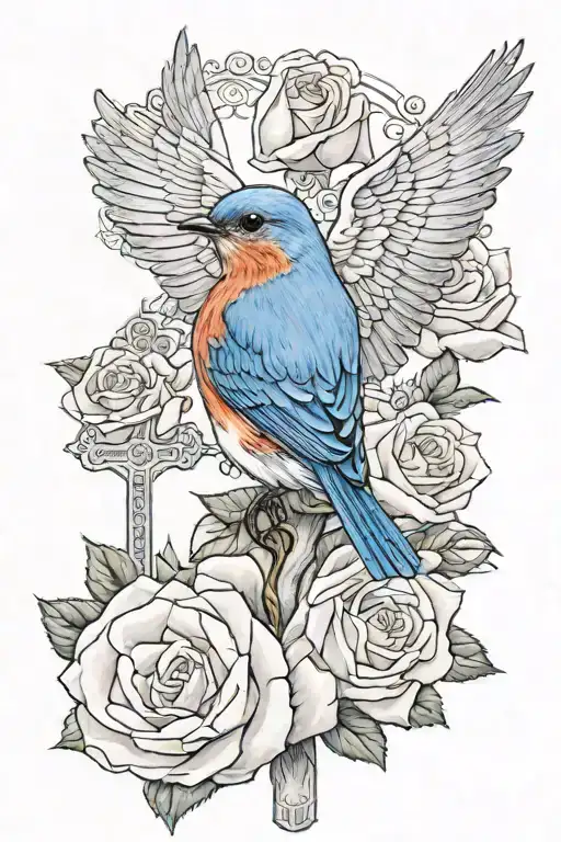 Eastern Bluebird With 2 Pink Roses And A Cross