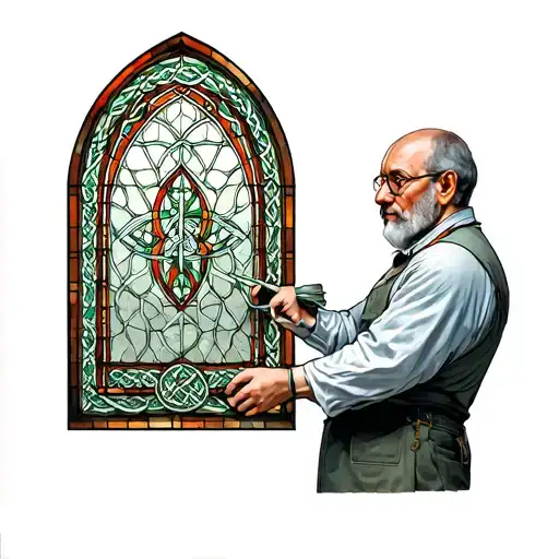 A Realistic Portrait Of A Glazer Working On Stained Glass Windows With Celtic Knotwork Designs