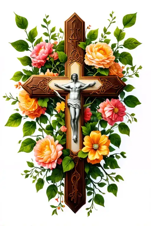 Catholic Cross Wrapped In Flowers And Vines