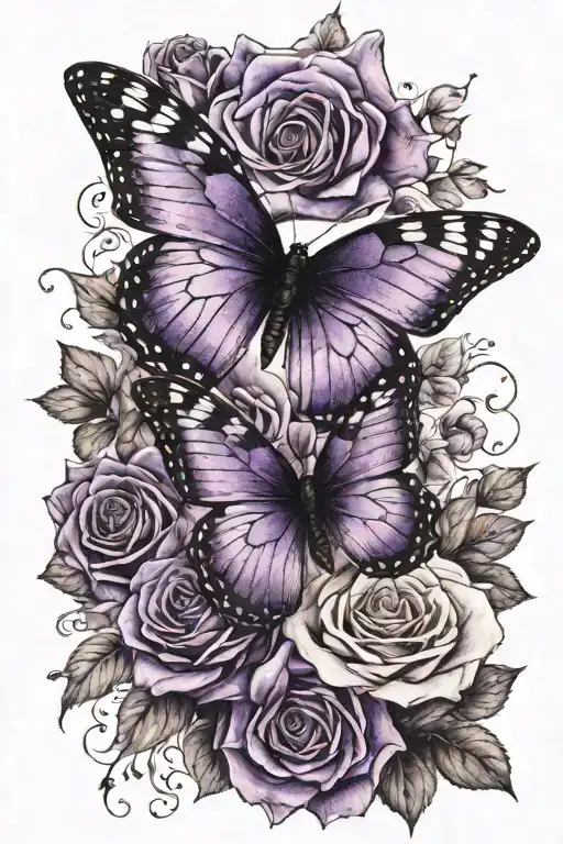 Butterfly's With Purple Color And Roses With Date And Name Someone Passed