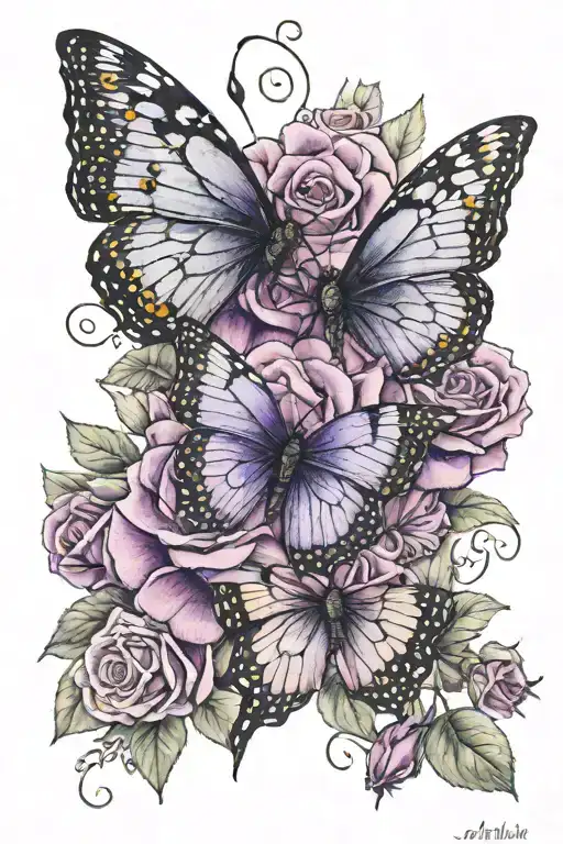 Butterfly's With Purple Color And Roses With Date And Name Someone Passed