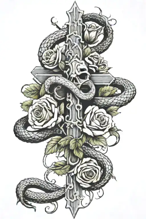 Cross With Roses And A Snake Wrapped Around The Cross