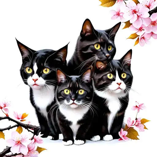 Three Cats With Cherry Blossom Leaves Around The Cats