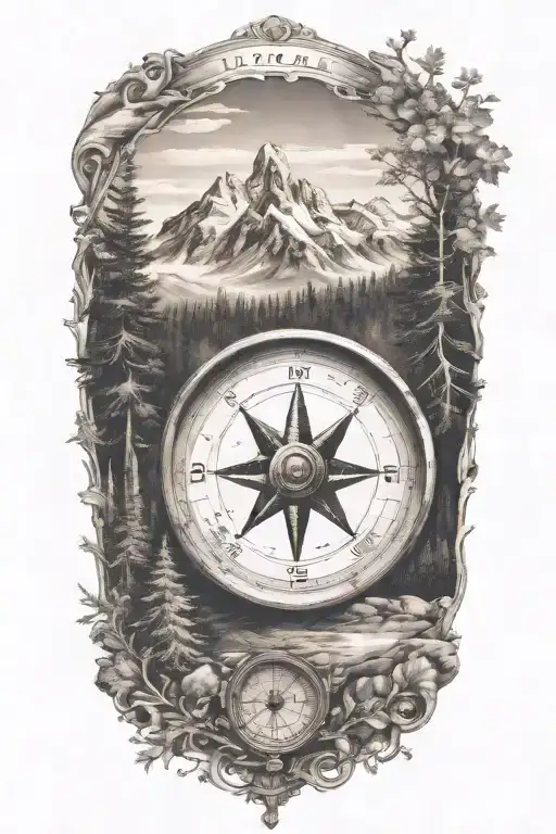 A Compass With Mountains And Trees Surrounding It And Coordinates