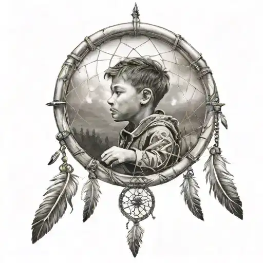 A Young Boy Standing On Top Of A Grace With Dream Catcher