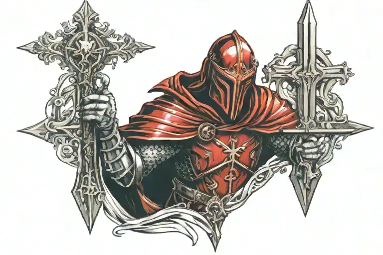 Red Knight Holding 2 Crucifix Swords Crossing