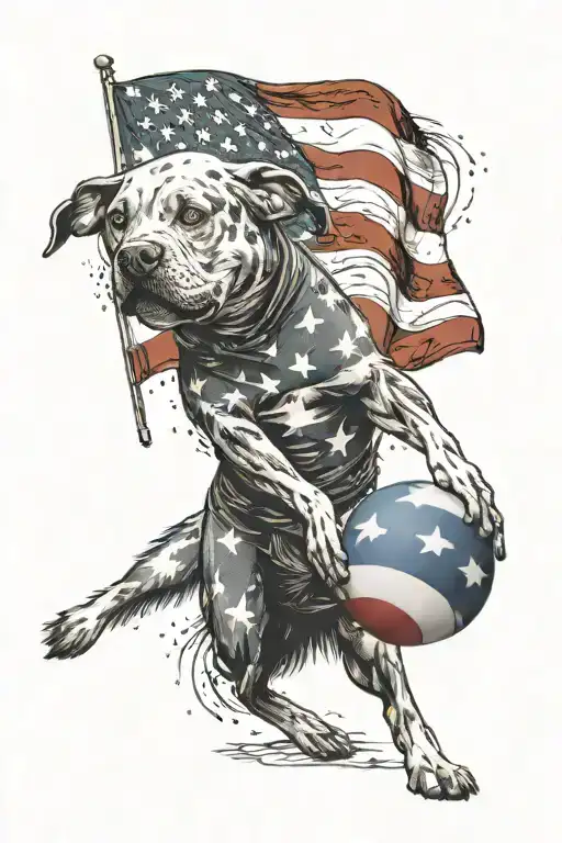 American Flag Background With Man Throwing Ball For Is Dog