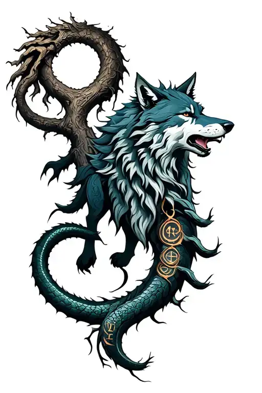 Fenrir Wolf With The Jormungandr And The Yggdrasil With Nordic Runes
